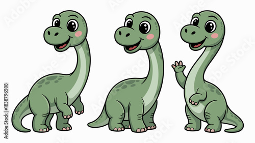 Adorable baby brontosaurus cartoon dinosaur illustration set showing happy, friendly, and waving green long-neck sauropod characters for kids education, child marketing, joyful greeting design, and pl