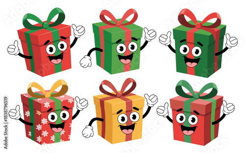 Happy anthropomorphic gift boxes characters giving enthusiastic thumbs up approval, a colorful vector illustration set for festive Christmas holiday marketing, promotions, and joyful celebration adver