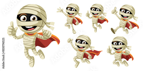 Cute and friendly cartoon superhero mummy character set wearing a flowing red cape, dynamically running and jumping while giving a positive thumbs-up sign, cheerful vector illustration collection for