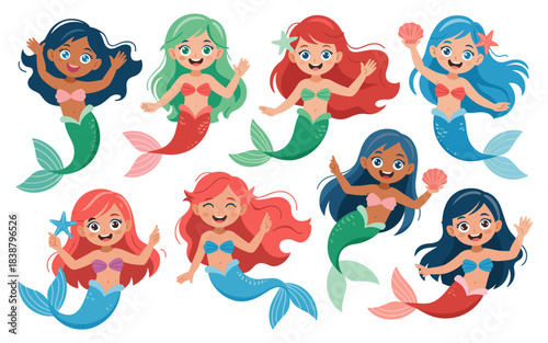 Diverse smiling cartoon mermaids vector illustration set; happy little girls swimming, waving hands, and holding shells as magical aquatic fantasy creatures, perfect for children's education, summer p