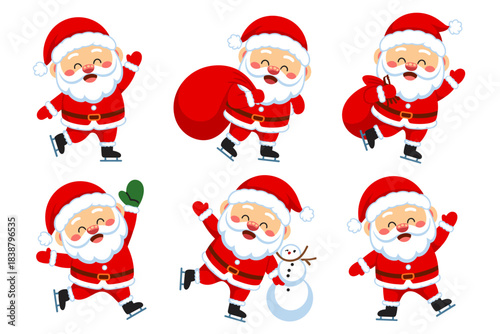 Jolly Santa Claus character set actively ice skating on sharp blades, carrying a huge red gift sack, waving hands, and playing with a cheerful snowman; cute Christmas holiday vector graphic isolated f