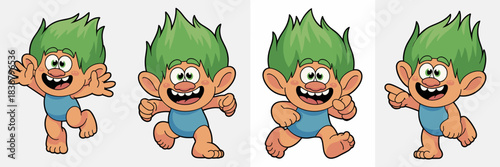 Cheerful and energetic baby troll creature character vector animation sequence featuring multiple poses including joyful running, jumping, waving, and pointing, a cute mythical cartoon graphic resourc