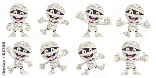 Cute cartoon little mummy character set performing a variety of happy, smiling, and positive poses, isolated vector graphic illustration for Halloween marketing, ancient Egyptian promotion, and spooky