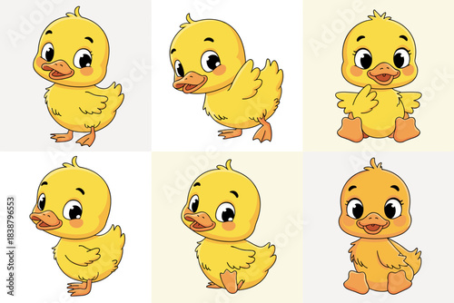 A comprehensive set of six adorable baby yellow ducklings and fluffy chicks posing playfully, featuring bright cheerful faces in a charming cartoon vector illustration, ideal graphic resource for mark