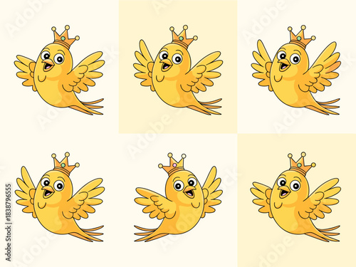 Cheerful yellow cartoon chick wearing a golden king or queen crown happily flying, featured in a delightful seamless vector illustrative graphic pattern for cute children's education, sweet nursery wa