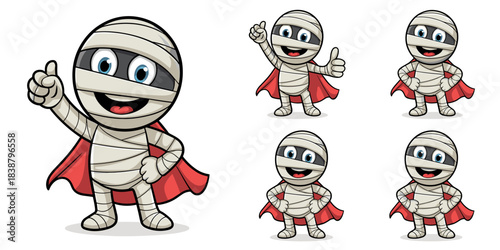 Cute cartoon mummy character mascot dressed as a heroic superhero wearing a flowing red cape, striking various poses including a winning thumbs up gesture, a cheerful vector illustration set used for
