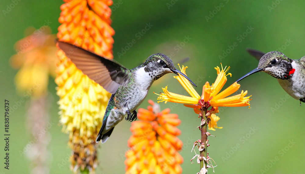 Naklejka premium Hummingbird eating nectar from yellow red hot poker flowers. Close-up on bird with green garden background