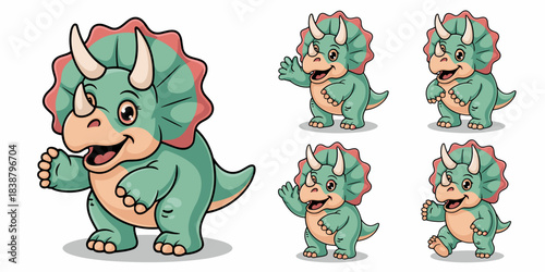Cute cartoon triceratops baby dinosaur character set in various happy poses, standing and waving, an adorable friendly prehistoric reptile mascot graphic illustration perfect for educational resources