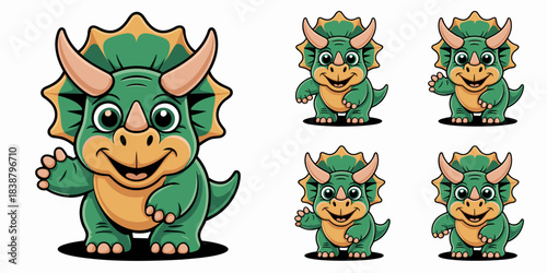 Cute baby green Triceratops dinosaur cartoon mascot character smiling, friendly, and waving, a happy playful prehistoric reptile clip art vector graphic illustration asset for kids education design an