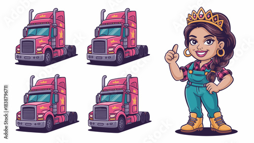 Vibrant cartoon female trucker queen mascot character wearing overalls and a golden crown, confidently pointing alongside four stylized pink eighteen-wheeler semi-truck tractor units, symbolizing mode
