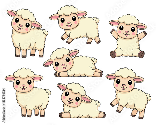 Adorable cute vector cartoon farm animals baby sheep and lambs collection bundle set showing playful poses like standing, jumping, resting, and sitting, perfect for children's education, nursery graph