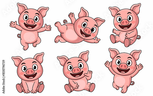 Cheerful pink cartoon piglet character collection featuring six happy poses, including running, sitting, and jumping, designed as a playful graphic resource vector illustration set for kids' education