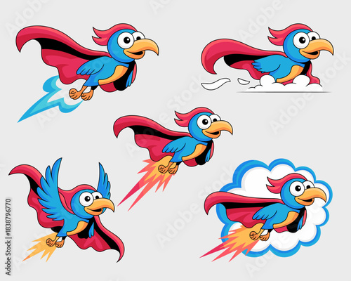 Vibrant cartoon superhero blue bird mascot character set in a red cape showing powerful dynamic flying and soaring poses, illustrating concepts of speed, quick delivery, success, and acceleration for