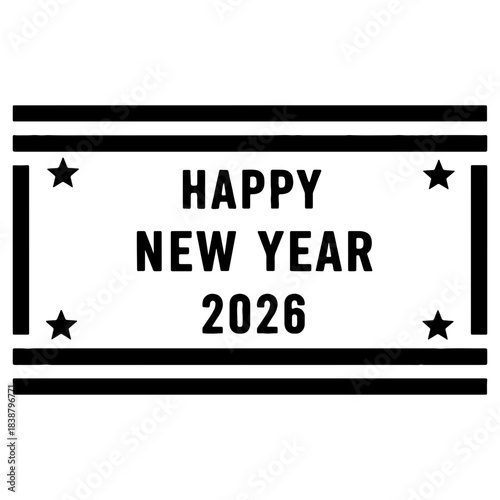 Happy new year 2026 graphic with stars and black border lines on top and bottom and left and right sides on transparent background silhouette