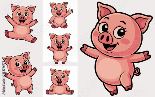 Adorable cute pink cartoon pig illustration character mascot set showing happy piglet in various cheerful playful poses like jumping, sitting, and waving, perfect vector graphic resource collection fo