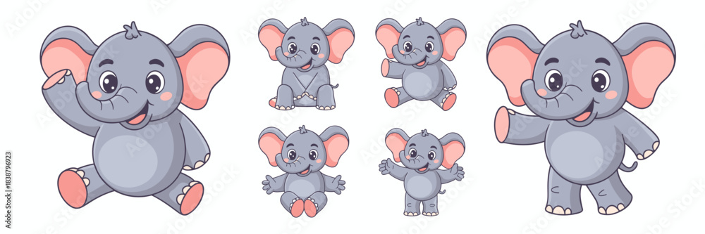 Fototapeta premium Adorable set of baby elephant cartoon characters in multiple playful poses, including smiling, sitting, waving, and standing, isolated vector graphic resources perfect for cheerful children's books, k