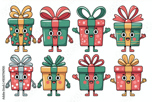 Eight cheerful anthropomorphic gift box characters, a cute cartoon set of happy holiday presents and packages with colorful ribbons, ideal for winter seasonal marketing, retail branding, celebration t
