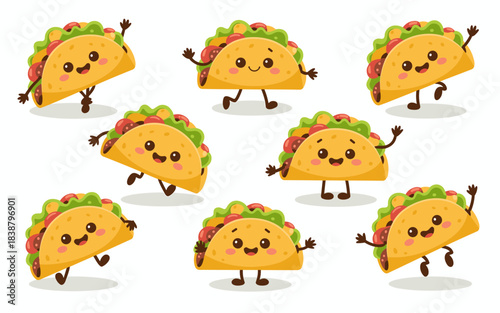 A joyful collection of cute kawaii cartoon tacos dancing, running, and jumping in various energetic poses on a clean white background, creating a festive Mexican cuisine pattern for happy food deliver