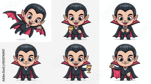 Cute cartoon chibi vampire character mascot design illustration set displaying multiple dynamic poses including flying, standing, and raising a golden goblet or chalice, featuring a friendly Dracula b