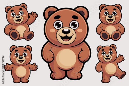 Cute cartoon brown teddy bear mascot character vector set illustration bundle in various friendly poses like sitting, standing, and waving, perfect for children's apps, early education marketing, kind
