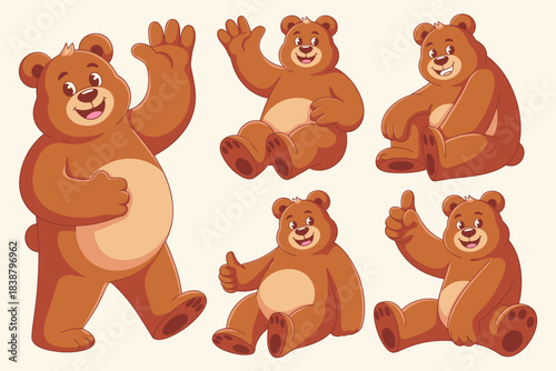 A cute and friendly cartoon brown bear mascot character vector illustration set showing six different cheerful poses including walking, sitting, waving, greeting, and giving a happy thumbs up sign, pe
