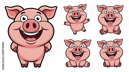 Cute pink pig cartoon character illustration set featuring a happy smiling swine mascot in multiple fun poses including standing, sitting, and jumping, perfect graphic resource collection for kids mar