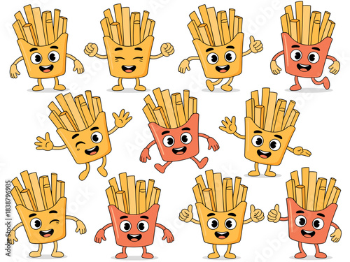 A massive collection of cute cartoon French fries mascot characters in various happy and excited poses, running, winking, and jumping, isolated vector illustration set perfect for fast food menu desig