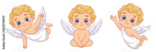 Cute cartoon vector illustration featuring three little flying and sitting baby cherubs, cupids, or angels, characterized by blonde hair, blue eyes, and white feathered wings, isolated on a clean whit