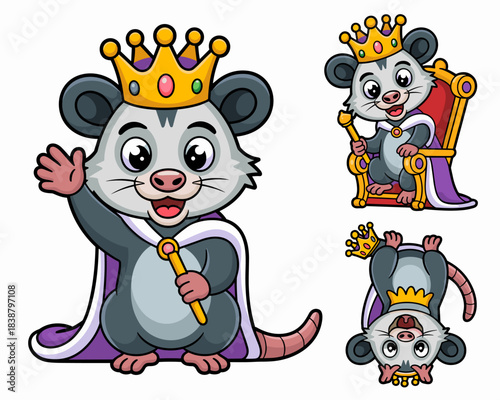 A regal and adorable cartoon possum king character set waving happily while sitting on a majestic golden throne and hanging upside down playfully, featuring funny royal opossum vector illustration cli