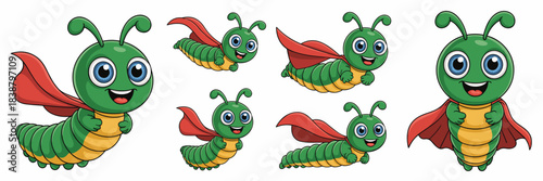 Adorable cartoon superhero caterpillar character vector collection bundle, a cheerful green larva wearing a flowing red cape while flying dynamically, symbolizing transformation, growth, confidence, p
