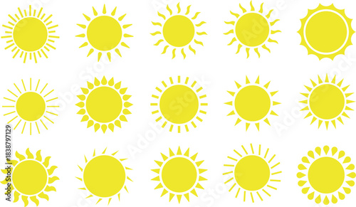 Sun Icon set. Sunshine and solar glow, sunrise or sunset. Decorative circle full and half sun and sunlight. Hot solar energy for tan. Scribble sun with rays symbols. Doodle children drawings collectio