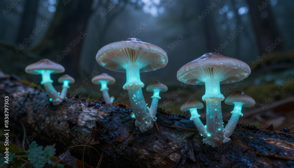 Fototapeta premium Bio-luminescent mushrooms growing on a dark log in a misty forest, avatar-style nature