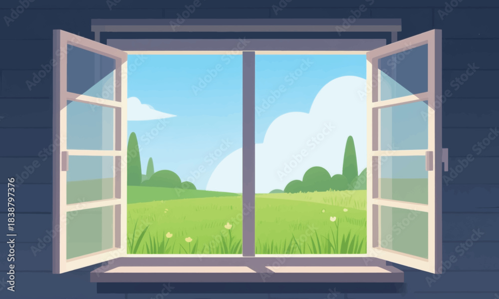 Fototapeta premium Meadow View From Open Window Illustrator Artwork Banner Background Design Template 