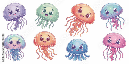 Cute cartoon jellyfish vector illustration set featuring eight smiling happy colorful pastel purple, green, orange, pink, and blue marine animals perfect for kids educational materials, fun nursery de