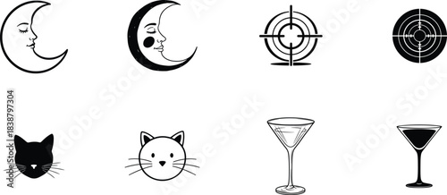 Collection of hand drawn mystical symbols including moons cats and geometric shapes
