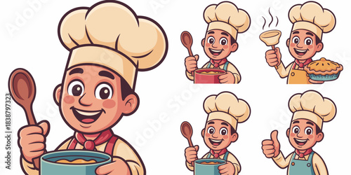 Cheerful culinary professional chef mascot vector illustration set of a happy young cook preparing delicious baked goods and hot restaurant food, holding a spoon and pie, giving a thumbs up for modern