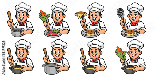 Happy cartoon chef mascot vector illustration set preparing diverse culinary dishes, including stirring fresh sauce, whisking batter, holding vegetables, and serving hot breakfast pancakes for restaur