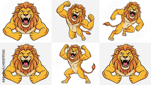 Muscular cartoon lion mascot roaring and flexing biceps, displaying incredible strength, power, and courage, running, jumping, and defending, isolated vector illustration collection set for sports tea