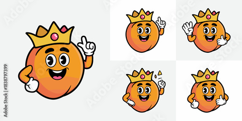 Cheerful fruit character mascot wearing a royal golden king crown set, a premium peach or orange food brand design giving advice, pointing, waving, and showing approval with a thumbs up gesture, sugge