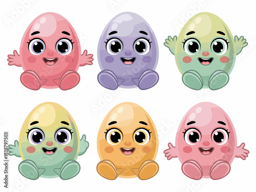 Six adorable cartoon Easter egg mascots sitting happily in a row, featuring glossy pastel pink, purple, and green colors, detailed vector illustration for cheerful spring holiday advertising, playful