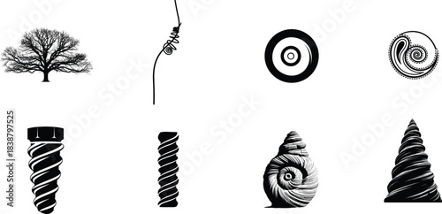 Collection of vintage archaeological artifacts and ancient tools in black ink