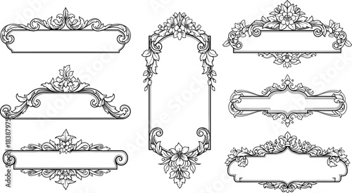 Vintage decorative frames, ornate floral borders, elegant scrollwork design, classic certificate template, antique invitation layout, retro ornamental graphic elements