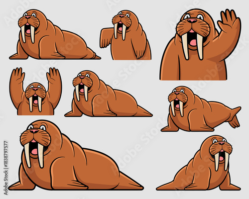 Adorable cartoon walrus mascot character illustration set in various expressive poses including friendly greeting, happy waving, excited shouting, and resting, designed as a useful graphic element for