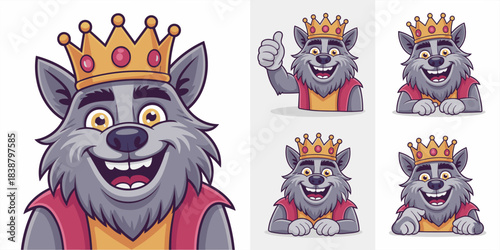 Cheerful royal wolf king mascot character vector illustration set, showing multiple poses including smiling, giving a happy thumbs up, pointing, and resting hands, ideal avatar for digital gaming, bra