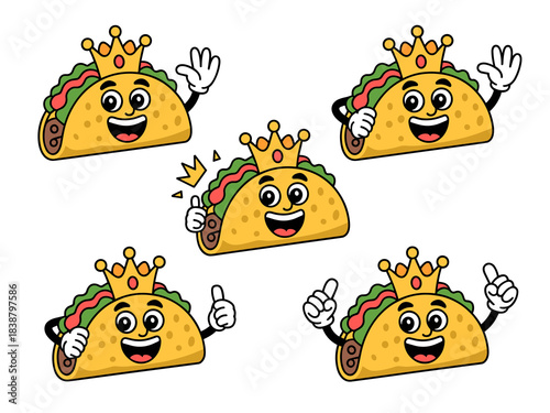 Cheerful crowned King Taco mascot character collection, happy Mexican street food cartoon giving positive thumbs up and waving, premium quality illustration set representing delicious fast food, succe