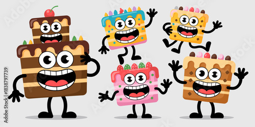 A joyful gathering of diverse anthropomorphic cake slices, featuring chocolate, strawberry, and vanilla layered desserts with drip icing and sprinkles, illustrated in a vibrant cartoon flat design sty