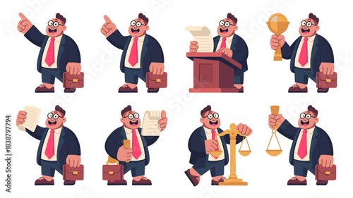 Cheerful professional businessman and legal counsel character set featuring an attorney pointing, presenting contracts, speaking at a podium, and holding scales of justice or a trophy, providing diver