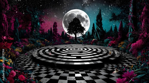 Psychedelische Fantasylandschaft mit Mond und spiralförmigem Labyrinth
