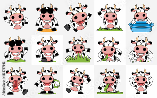 Collection of fifteen cute bovine cow and calf character vector illustrations displaying diverse poses, moods, and actions like waving, sickness, running, washing, and wearing sunglasses, perfect for
