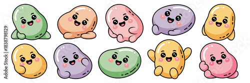 Joyful collection of ten cute kawaii cartoon beans or colorful jelly bean characters with happy smiling faces and playful poses, vibrant glossy vector graphics illustration perfect for fun food sweets
